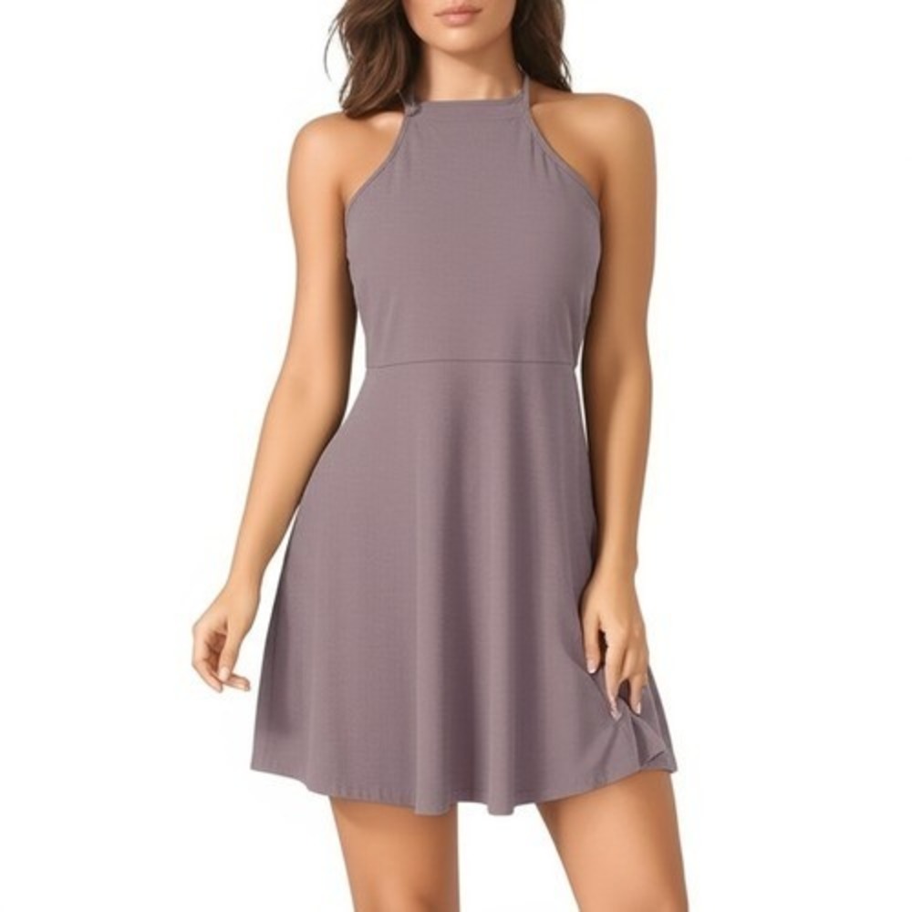 Lush Halter Fit & Flare Mini Dress S Mauve Quail Keyhole Back Wedding Guest New